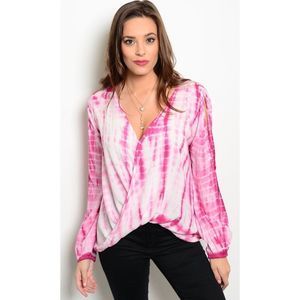 Open V Back Very Cute Tye Dye Long Sleeve Pink Wrap Top